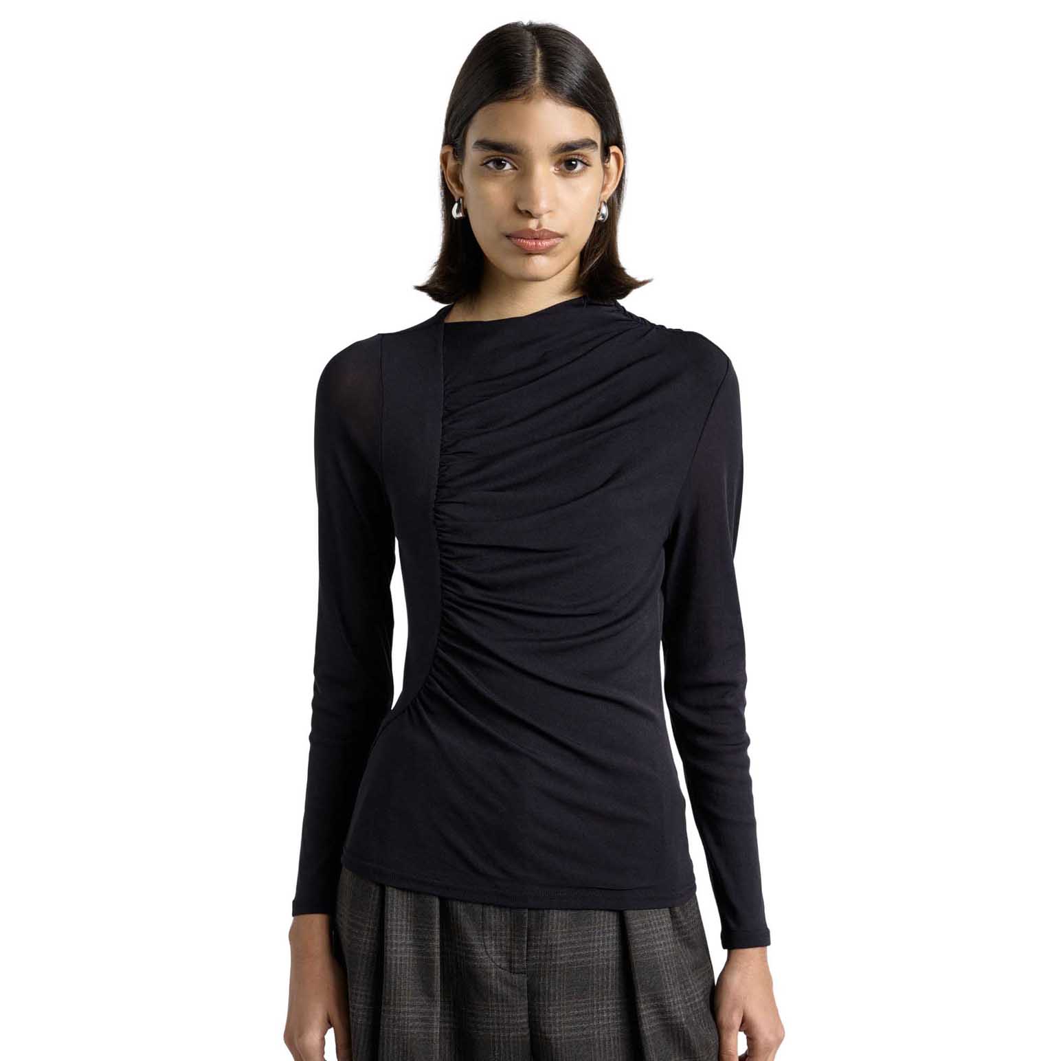 Cue Dark Ink Ruched Mesh Long Sleeve Top